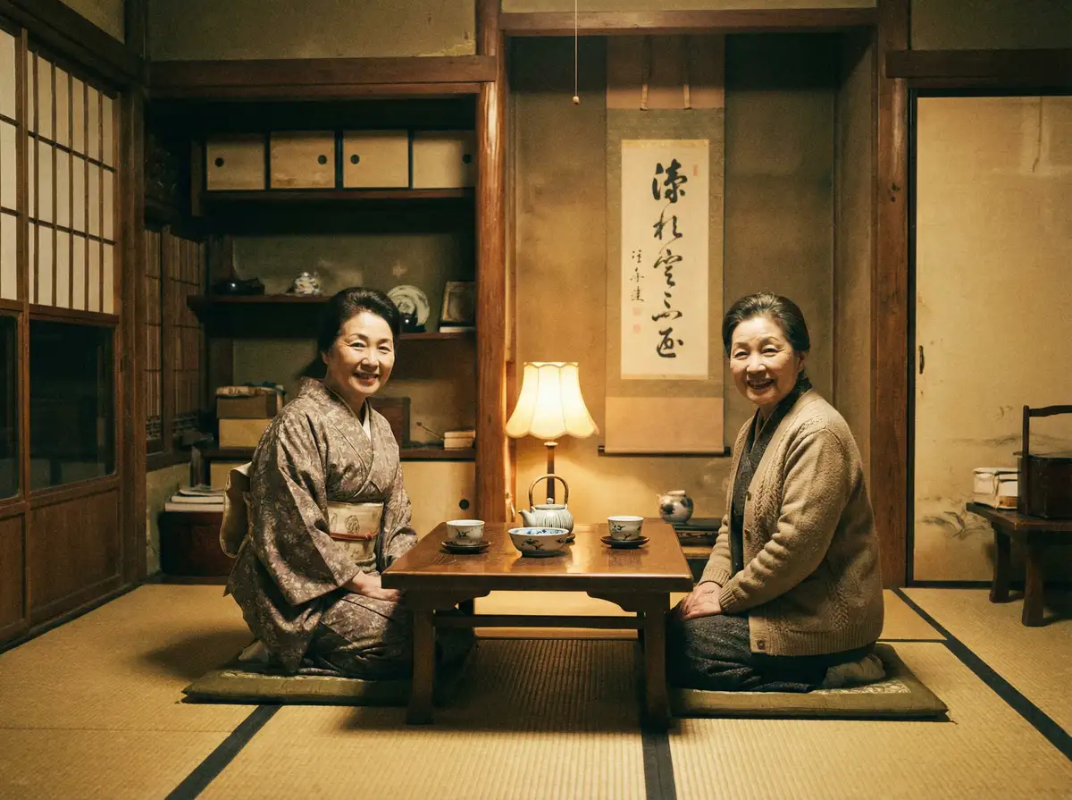 两位优雅的 黑润润 在日式茶室中品茶交谈